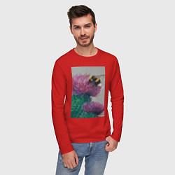 Лонгслив хлопковый мужской Мохнатый шмель на кактусе - живопись, цвет: красный — фото 2