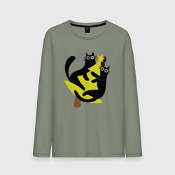 Лонгслив хлопковый мужской Черные коты на елке, цвет: авокадо