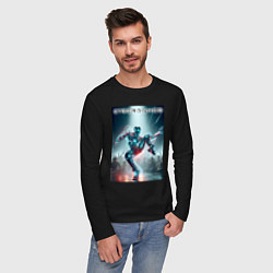 Лонгслив хлопковый мужской Кибер танцор - неоновое свечение, цвет: черный — фото 2