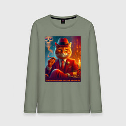 Лонгслив хлопковый мужской Крутой рыжий кот - крёстный отец мяуфии, цвет: авокадо