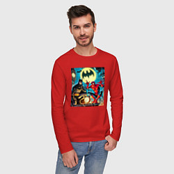 Лонгслив хлопковый мужской Batman with Spider-man - ai art fantasy, цвет: красный — фото 2
