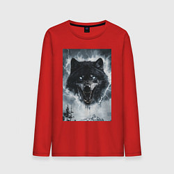 Лонгслив хлопковый мужской Волк с оскаленной пастью, цвет: красный