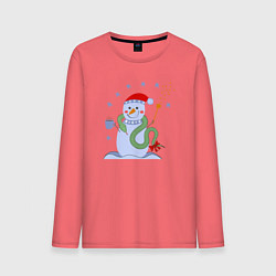 Лонгслив хлопковый мужской Новогодний снеговик и змея, цвет: коралловый
