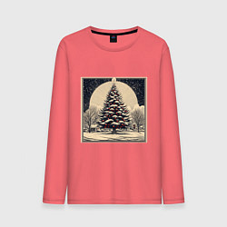 Лонгслив хлопковый мужской Марка с наряженной елкой - нейросеть, цвет: коралловый