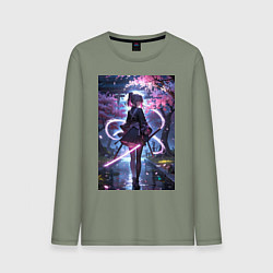 Лонгслив хлопковый мужской Девушка с катаной на фоне цветущей сакуры, цвет: авокадо