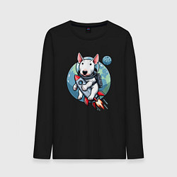 Лонгслив хлопковый мужской Щенок бультерьера на ракете в космосе, цвет: черный