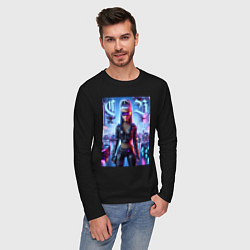 Лонгслив хлопковый мужской Cyber girl Barbie - neon glow, цвет: черный — фото 2