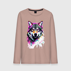 Лонгслив хлопковый мужской Волчья морда - нейроарт, цвет: пыльно-розовый
