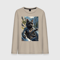 Лонгслив хлопковый мужской Кот за рулем кабролета, цвет: миндальный