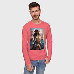 Лонгслив хлопковый мужской Пиратка на фона флотилии кораблей, цвет: коралловый — фото 2