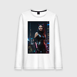 Лонгслив хлопковый мужской Девушка с кошачьими ушами стоит на фоне небоскребо, цвет: белый