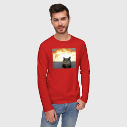 Лонгслив хлопковый мужской Кот со взрывом - silly cat meme, цвет: красный — фото 2