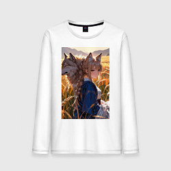 Лонгслив хлопковый мужской Девушка-волчица посреди поля пшеницы, цвет: белый