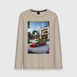 Лонгслив хлопковый мужской Красный суперкар у дома, цвет: миндальный