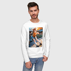 Лонгслив хлопковый мужской Кошечка тренировка с мечем, цвет: белый — фото 2