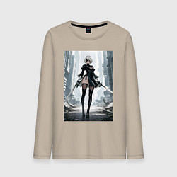 Лонгслив хлопковый мужской Девушка-андроид с катанами посреди руин, цвет: миндальный