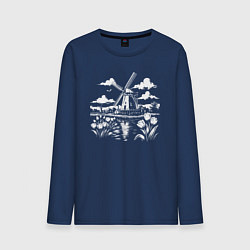 Лонгслив хлопковый мужской Мельница и тюльпаны, цвет: тёмно-синий