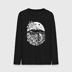 Лонгслив хлопковый мужской Сакура, Фудзи и карп кои, цвет: черный