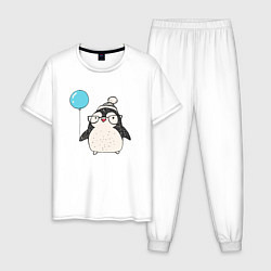 Пижама хлопковая мужская Пингвин-мальчик с шариком, цвет: белый