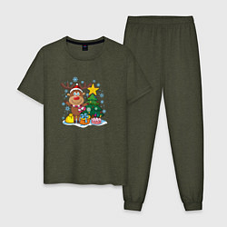 Пижама хлопковая мужская Олень под елкой цвета меланж-хаки — фото 1