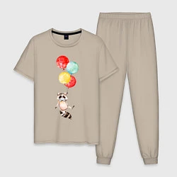 Пижама хлопковая мужская Енот на шариках, цвет: миндальный