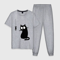 Пижама хлопковая мужская Кот и рыба, цвет: меланж