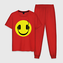 Пижама хлопковая мужская Смайлик-наушники, цвет: красный