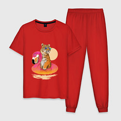 Пижама хлопковая мужская Тигр на фламинго, цвет: красный