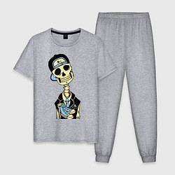 Пижама хлопковая мужская Скелет в кепке, цвет: меланж