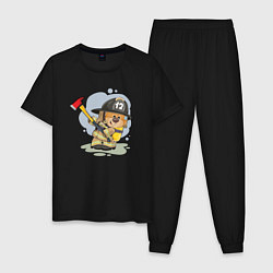 Пижама хлопковая мужская Медвежонок-пожарник, цвет: черный