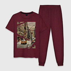 Пижама хлопковая мужская NY Taxi, цвет: меланж-бордовый