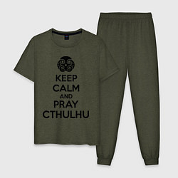 Пижама хлопковая мужская Keep Calm & Pray Cthulhu цвета меланж-хаки — фото 1