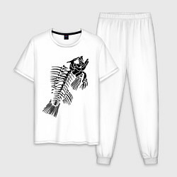 Пижама хлопковая мужская Рыбий скелет, цвет: белый