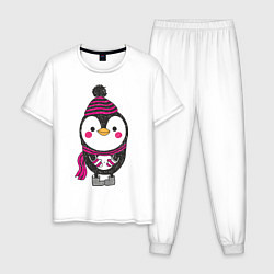 Пижама хлопковая мужская Пингвин в валенках, цвет: белый