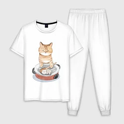 Пижама хлопковая мужская Кот с Котенком, цвет: белый