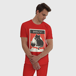 Пижама хлопковая мужская Котик и рамен, цвет: красный — фото 2