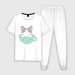 Пижама хлопковая мужская Чайный котик, цвет: белый