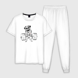 Пижама хлопковая мужская Мопс пауэрлифтер, цвет: белый