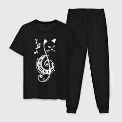 Пижама хлопковая мужская Котик музыкальный белый, цвет: черный