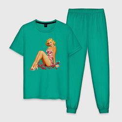 Пижама хлопковая мужская Retro PinUp Girl, цвет: зеленый