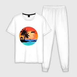Пижама хлопковая мужская Закат на море, цвет: белый