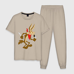 Пижама хлопковая мужская Хитрый койот и Дорожный бегун, цвет: миндальный