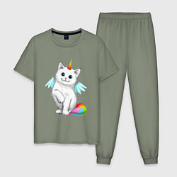 Пижама хлопковая мужская Кот Единорог, цвет: авокадо
