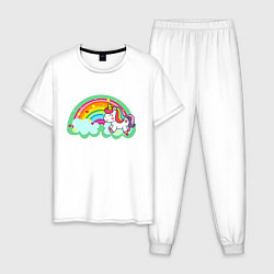 Пижама хлопковая мужская Единорог с радугой, цвет: белый