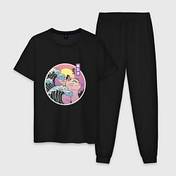 Пижама хлопковая мужская Vaporwave Sunset Кот Самурай, цвет: черный