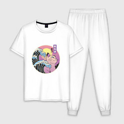 Пижама хлопковая мужская Vaporwave Sunset Кот Самурай, цвет: белый