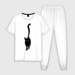 Пижама хлопковая мужская Черный кот тушью, цвет: белый