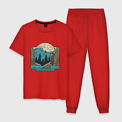 Пижама хлопковая мужская Пейзаж дикого леса с медведем, цвет: красный