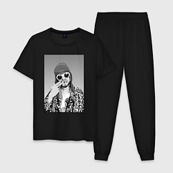 Пижама хлопковая мужская Курт Кобейн Nirvana ЧБ, цвет: черный