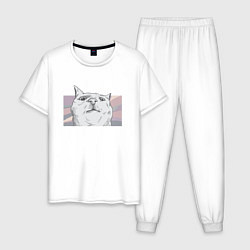 Пижама хлопковая мужская Смешная мордочка кота, цвет: белый